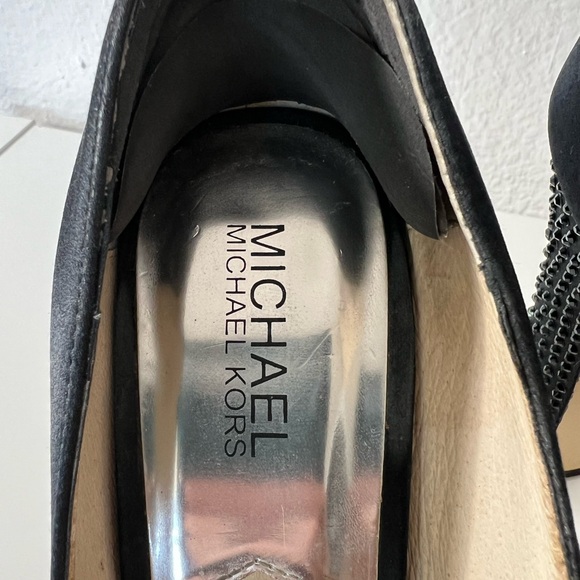 8.5 Michael Kors Satin Rhinestone Studded Heel Woman's Peep Toe Black Shoe Pumps - Picture 8 of 12